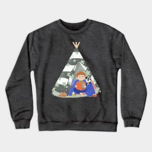 Little boy in a teepee den with story book and puppy Crewneck Sweatshirt